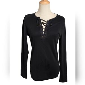 Lauren Ralph Lauren Black Lace-Up Long Sleeve Blouse NWT